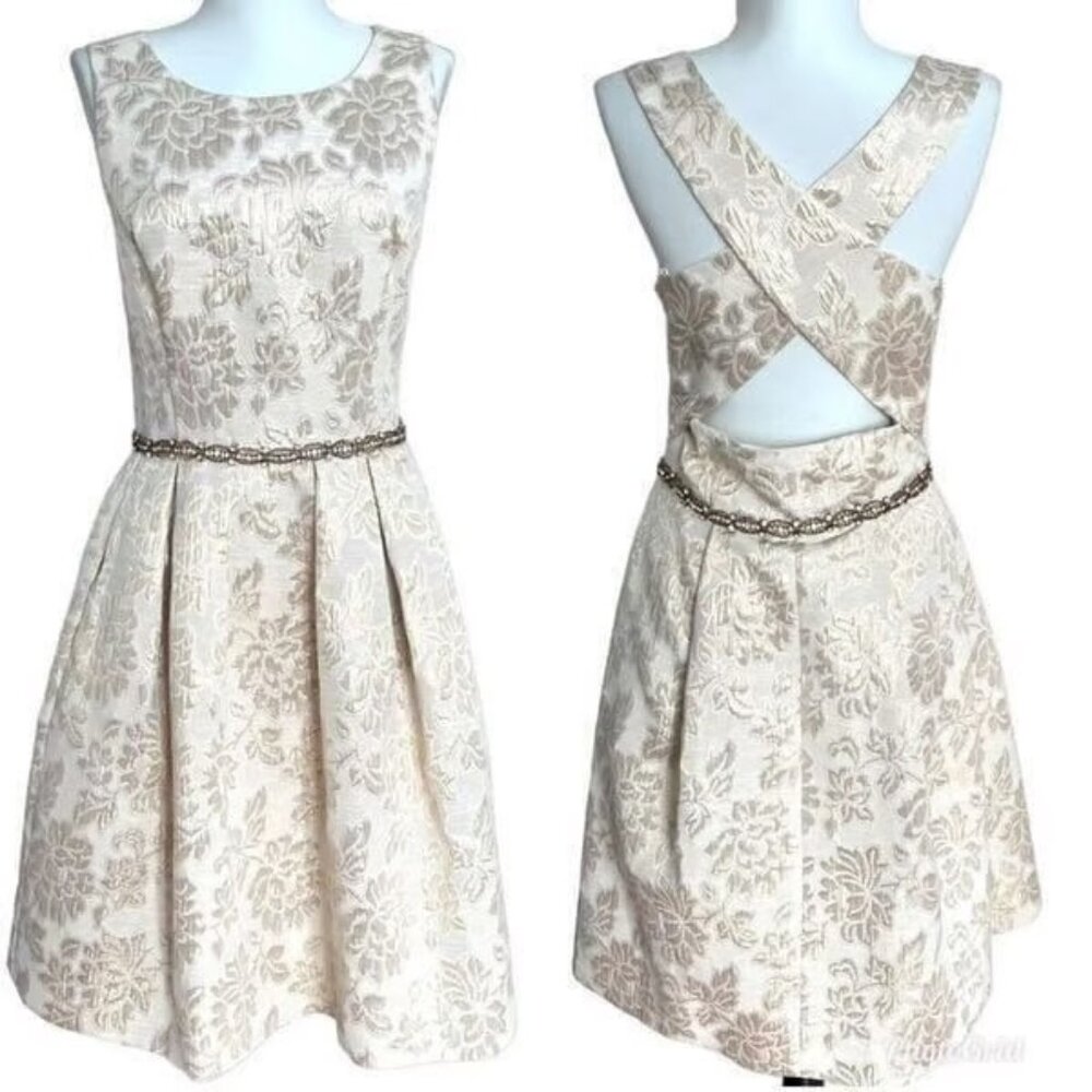 NWT Eliza J Cream and Gold Jacquard Dress Cross Back Rhinestone Belt